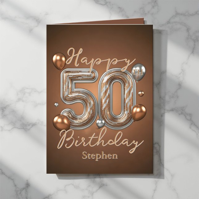 Elegant Bronze and Silver Balloons 50th Birthday Card (Creator Uploaded)