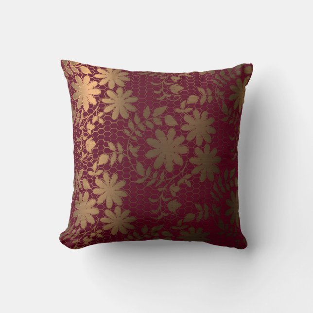 Elegant bronze floral on hexagonal grid throw pillow (Front)