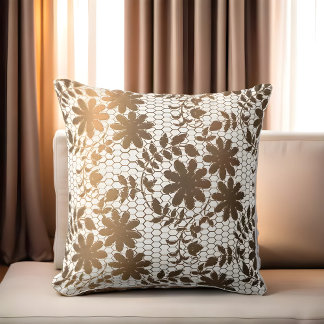 Elegant bronze flowers on hexagonal grid  throw pillow