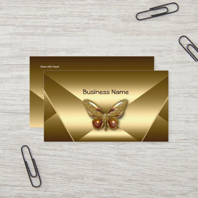 Elegant Bronze Gold Butterfly Jewel Business Card (Front/Back In Situ)