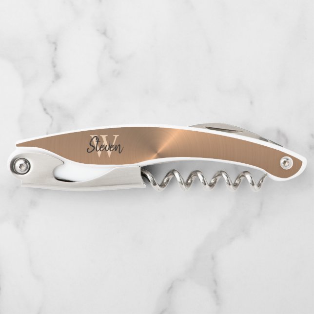 Elegant Bronze Metallic Monogram Name Corkscrew (Front)