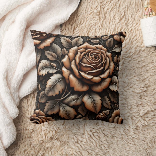 Elegant Bronze Roses Against Dark Background Throw Pillow (Blanket)