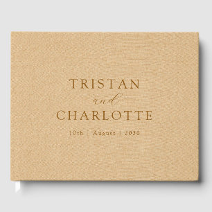 Elegant Bronze Typography Cream Brown Faux Linen Guest Book
