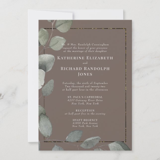 Elegant Brown 2 Venue Foliage Formal Wedding Invitation (Front)
