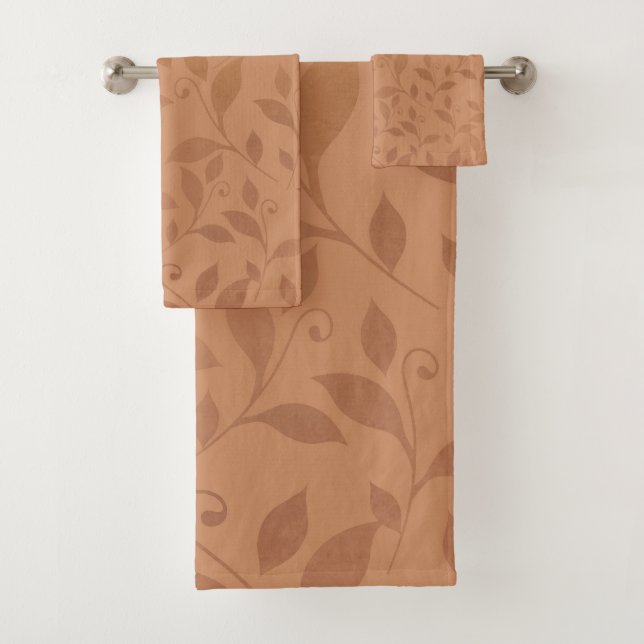 Elegant Brown Abstract Autumn Leaves Pattern Bath Towel Set (Insitu)