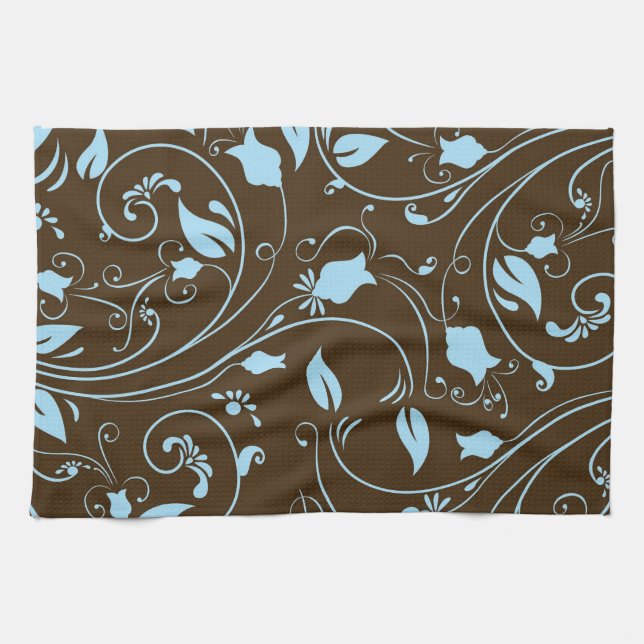 Elegant Brown and Baby Blue Floral Pattern Kitchen Towel (Horizontal)