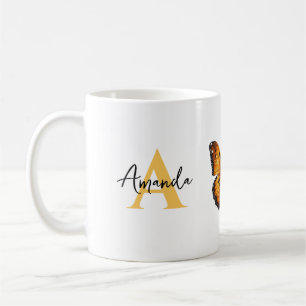 Elegant Brown and Black Monogramed Name Butterfly Coffee Mug
