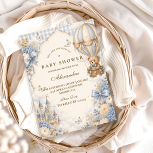 Elegant Brown And Blue Bear Baby Shower Invitation