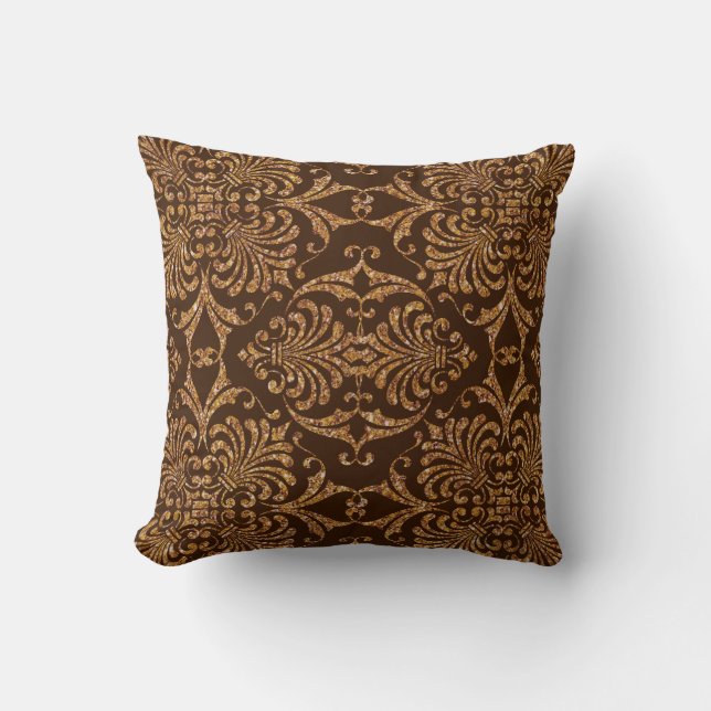 Elegant Brown and Gold Damask Throw Pillow (Front)