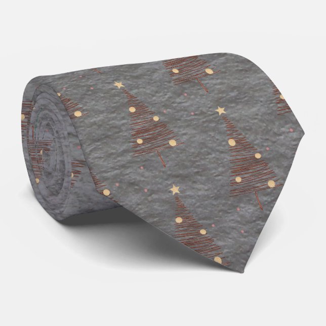 Elegant Brown and Green Christmas Trees Steel Grey Tie (Rolled)