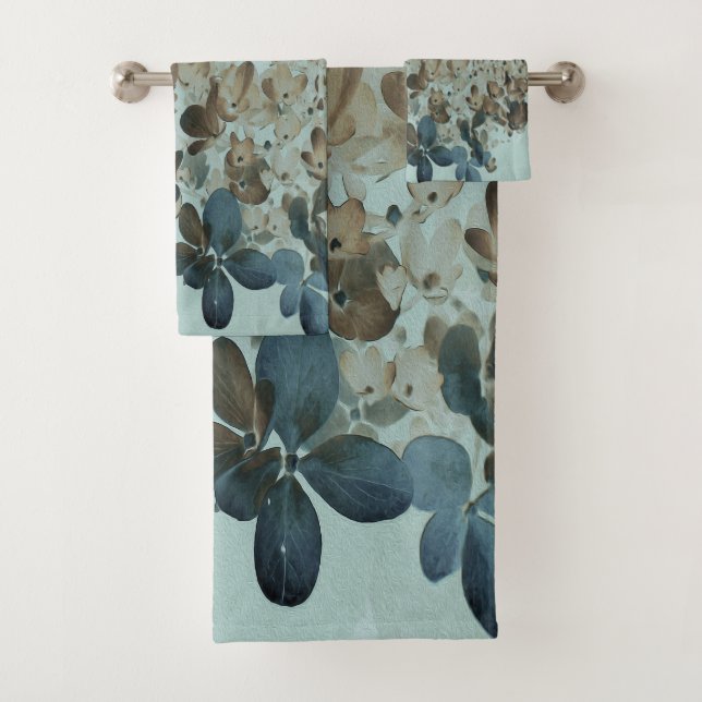 Elegant Brown and Navy Limelight Hydrangea Bath Towel Set (Insitu)