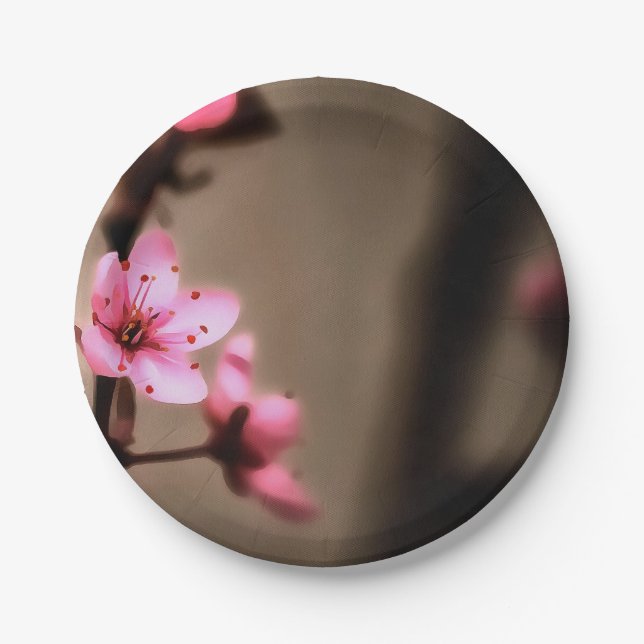 Elegant Brown and Pink Japanese Cherry Blossom Paper Plate (Front)