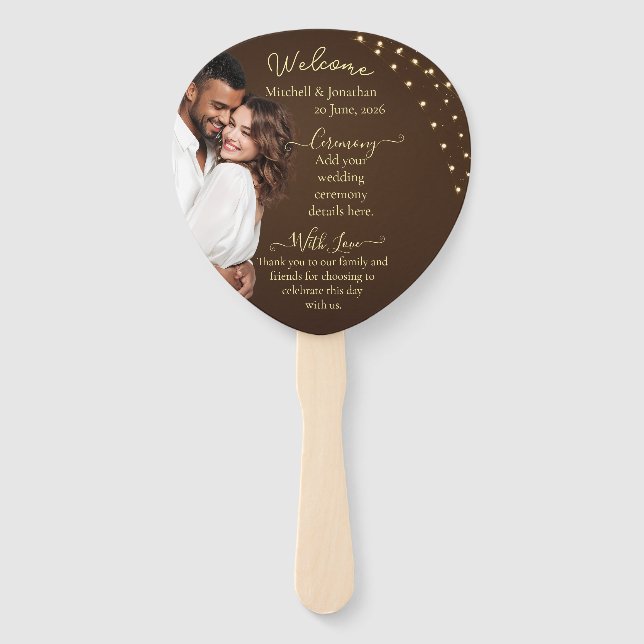 Elegant Brown and String Lights Wedding Program Hand Fan (Front)