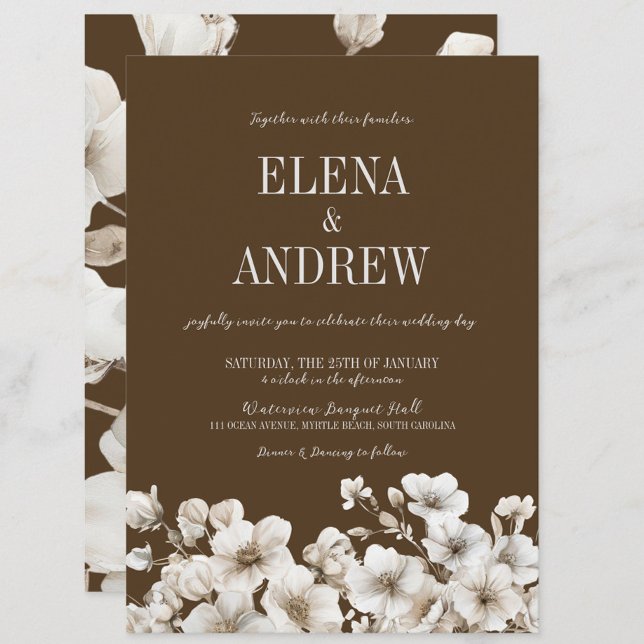 Elegant Brown and White Floral Wedding Invitation (Elegant Brown & White Floral Wedding Invitation, Winter Wedding, Fall Autumn, Love in Bloom)