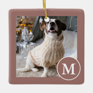 Elegant Brown and White Monogram Photo Ceramic Ornament
