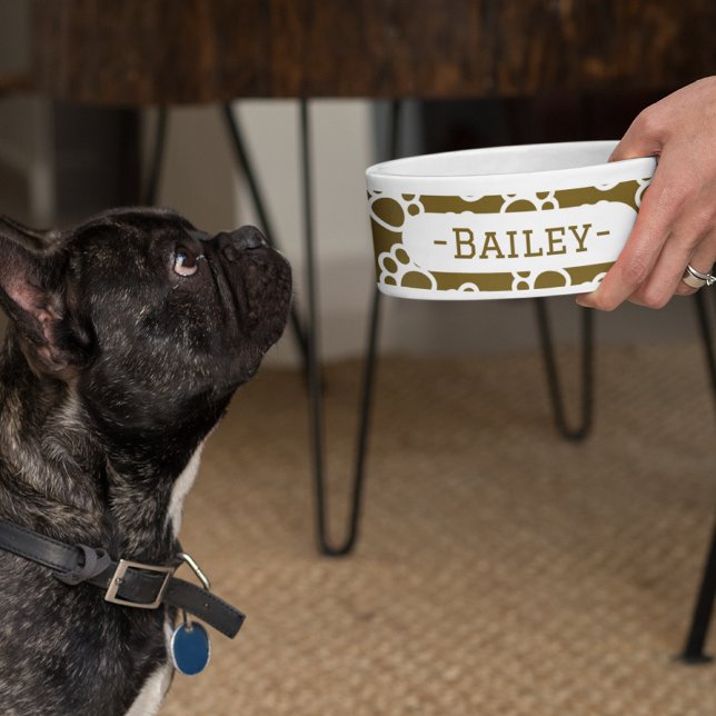 Elegant Brown and White Personalized Dog Paw Print (Elegant Dog paws brown customized pet bowl)