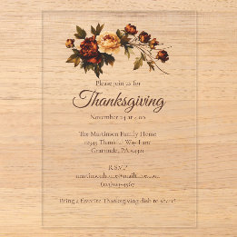 Elegant Brown Autumn Flowers Floral Thanksgiving  Acrylic Invitations