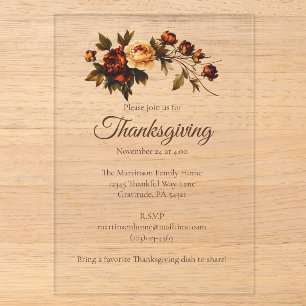 Elegant Brown Autumn Flowers Floral Thanksgiving Acrylic Invitations