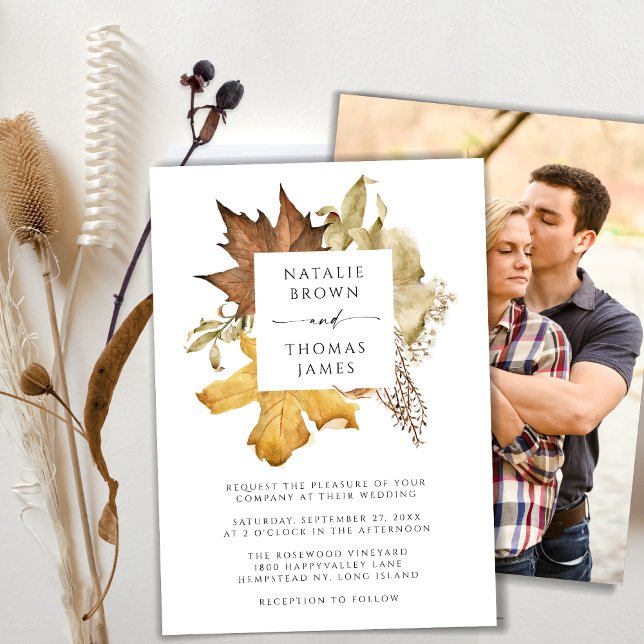Elegant Brown Autumn Foliage Fall Wedding Photo Invitation (Creator Uploaded)