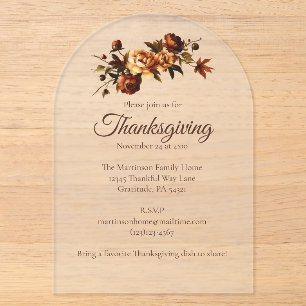 Elegant Brown Autumn Roses Floral Thanksgiving Acrylic Invitations