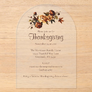 Elegant Brown Autumn Roses Floral Thanksgiving Acrylic Invitations