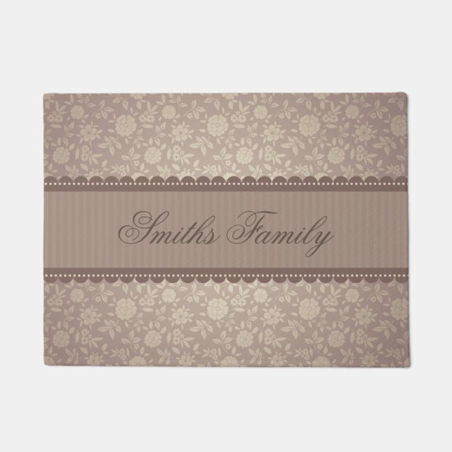 Elegant Brown Beige Floral Customized Text Doormat (Front)