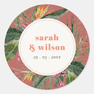 Elegant Brown Blush Boho Tropical Floral Wedding Classic Round Sticker