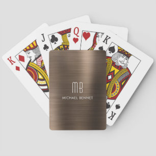 Elegant Brown Brushed Metallic Monogram Name Playing Cards