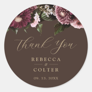 Elegant Brown Burgundy Floral Wedding Classic Round Sticker