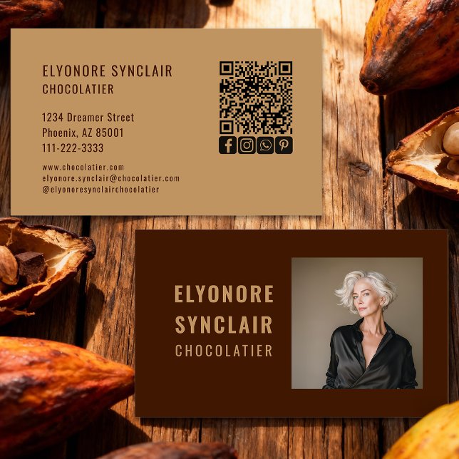 Elegant Brown Chocolatier Photo Social QR Code  Business Card (Creator Uploaded)