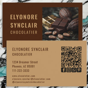 Elegant Brown Chocolatier Photo Social QR Code  Business Card