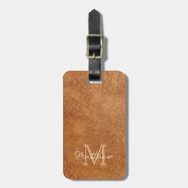 Elegant Brown Cow Leather Texture Personalized  Luggage Tag (Front Vertical)