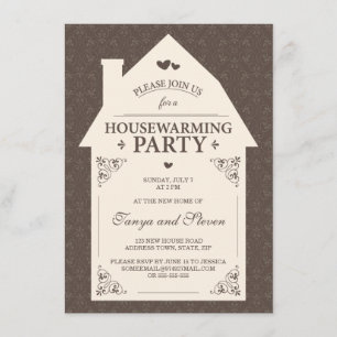 Elegant brown damask cream house housewarming invitation