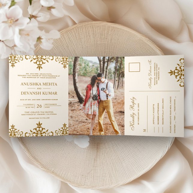 Elegant Brown Damask Traditional Indian Wedding Tri-Fold Invitation (Creator Uploaded)