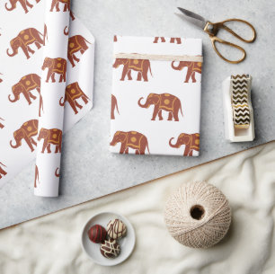 Elegant Brown Elephant Pattern White Wrapping Paper