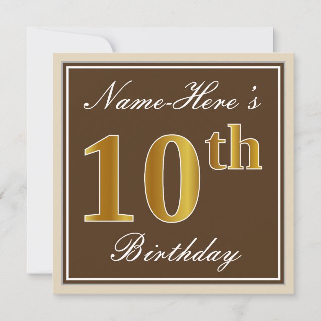 Elegant, Brown, Faux Gold 10th Birthday + Name Invitation (Front)