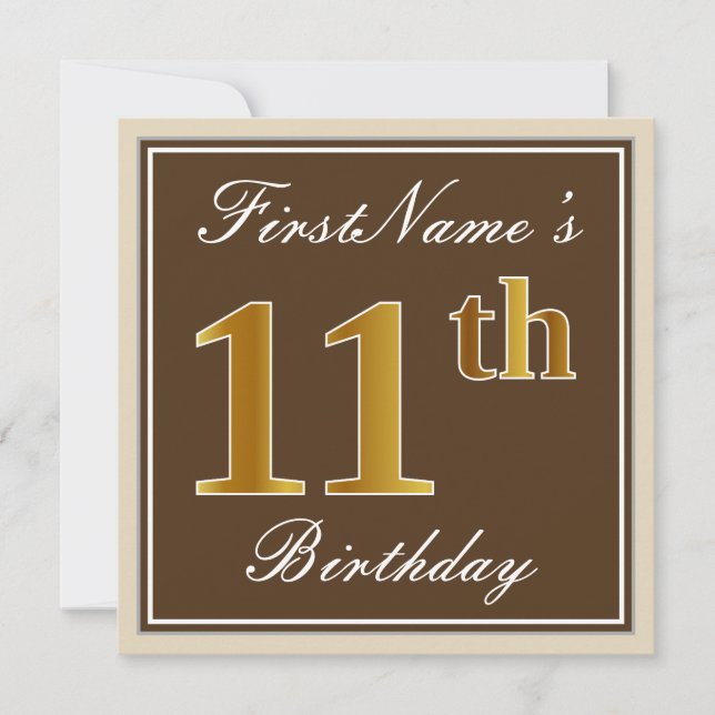 Elegant, Brown, Faux Gold 11th Birthday + Name Invitation (Front)