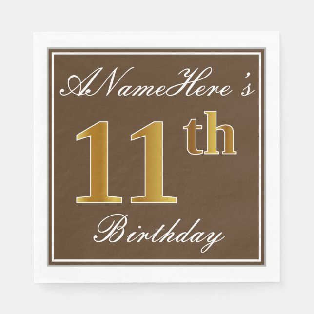 Elegant Brown, Faux Gold 11th Birthday + Name Napkin (Front)