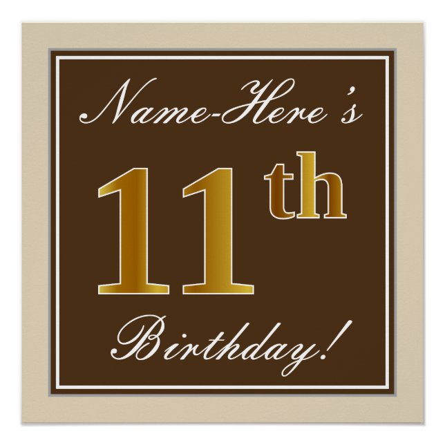 Elegant, Brown, Faux Gold 11th Birthday + Name Poster (Front)