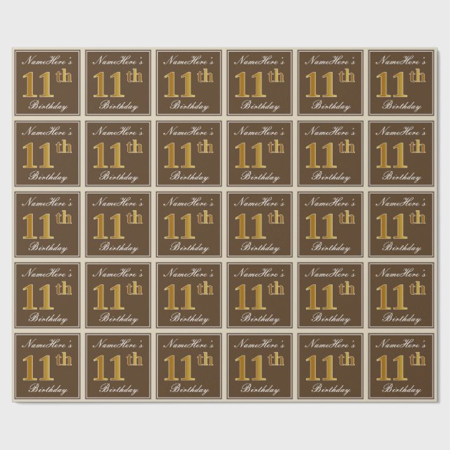 Elegant, Brown, Faux Gold 11th Birthday + Name Wrapping Paper (Flat)