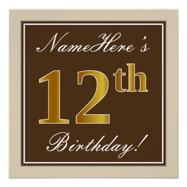 Elegant, Brown, Faux Gold 12th Birthday + Name Poster (Front)