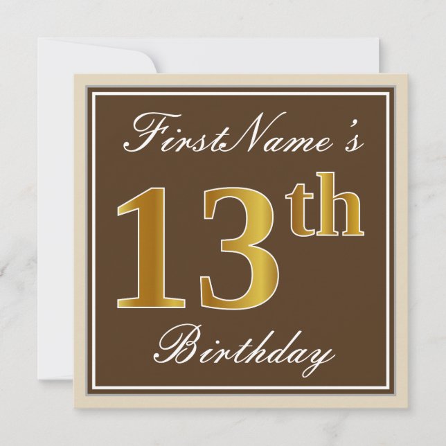 Elegant, Brown, Faux Gold 13th Birthday + Name Invitation (Front)