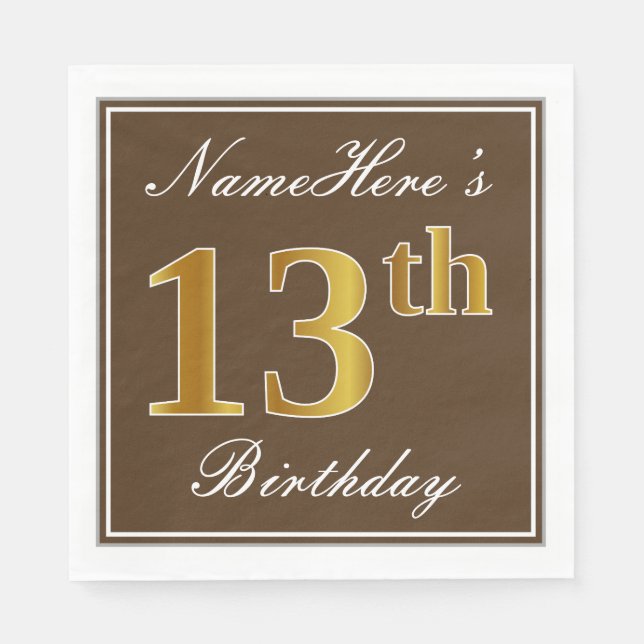 Elegant Brown, Faux Gold 13th Birthday + Name Napkin (Front)