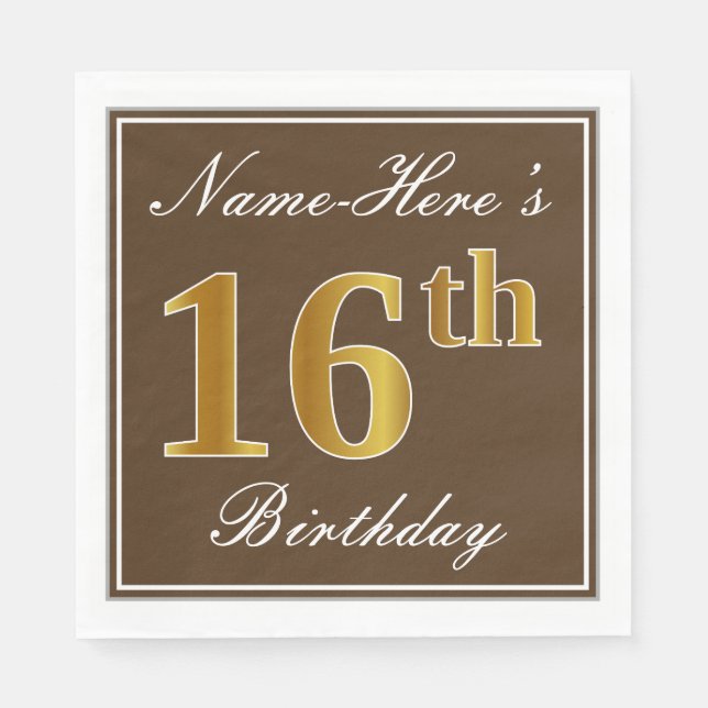 Elegant Brown, Faux Gold 16th Birthday + Name Napkin (Front)
