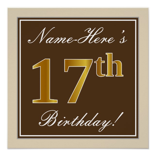 Elegant, Brown, Faux Gold 17th Birthday + Name Poster (Front)
