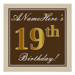 Elegant, Brown, Faux Gold 19th Birthday + Name Poster