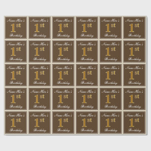 Elegant, Brown, Faux Gold 1st Birthday + Name Wrapping Paper