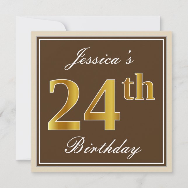 Elegant, Brown, Faux Gold 24th Birthday + Name Invitation (Front)