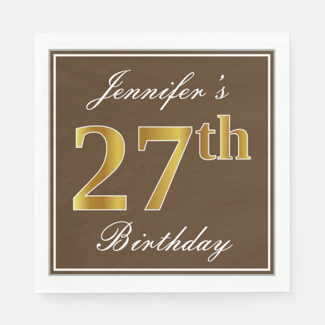Elegant Brown, Faux Gold 27th Birthday + Name Napkin (Front)
