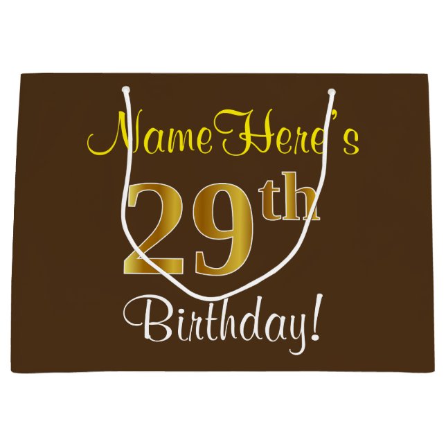 Elegant, Brown, Faux Gold 29th Birthday + Name Large Gift Bag (Front)
